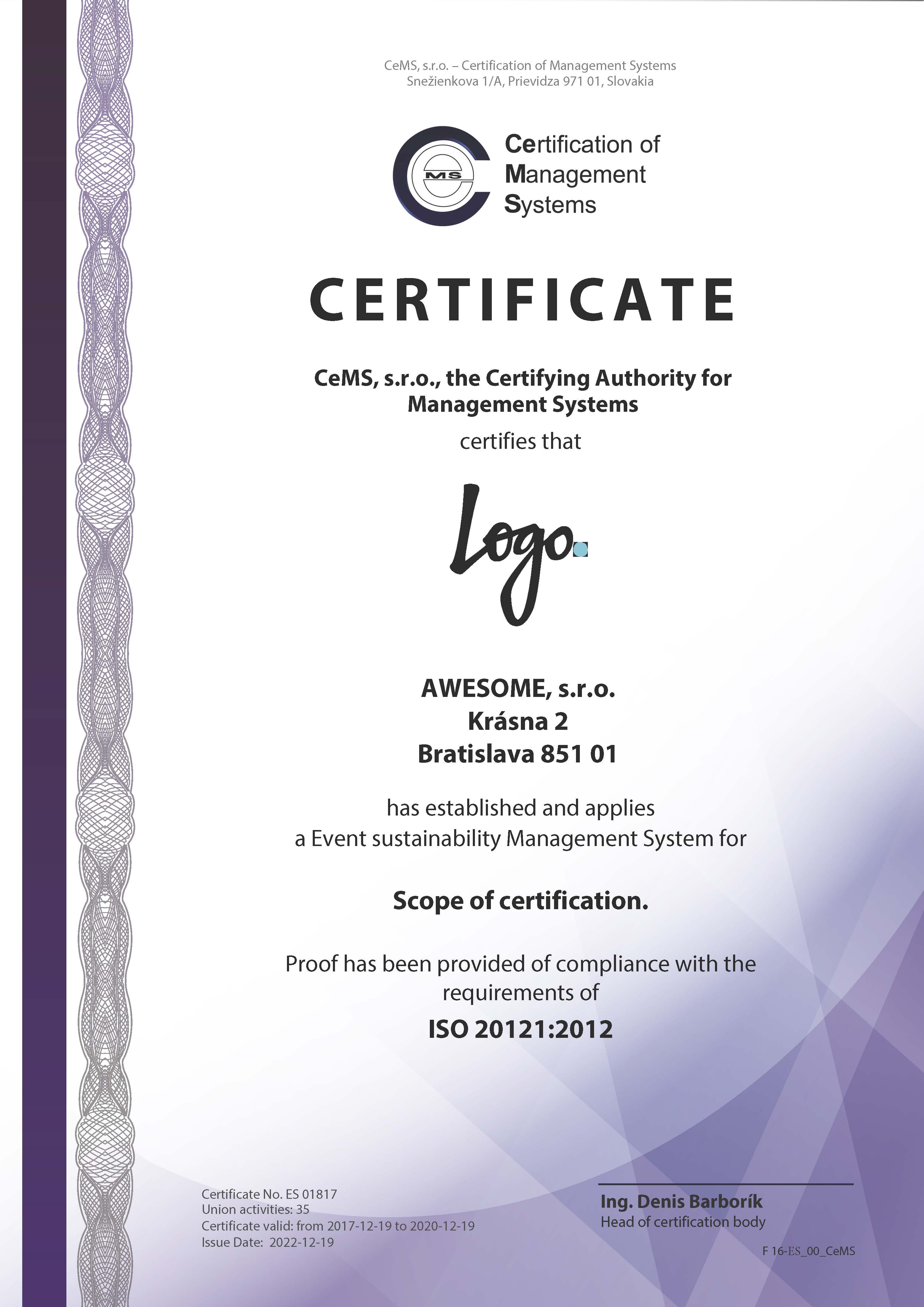 Certificate ISO 20121 by CeMS